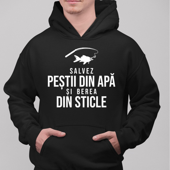 Salvez peștii din apă și berea din sticle - bluză cu glugă