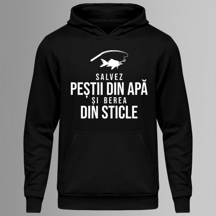 Salvez peștii din apă și berea din sticle - bluză cu glugă