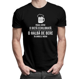 Pasul către o dietă echilibrată: o halbă de bere în ambele mâini - tricou bărbătesc cu imprimeu