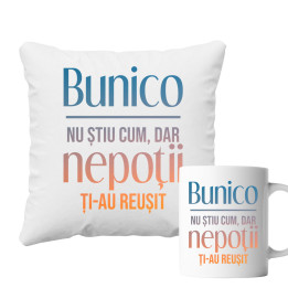Set pentru bunica - Bunico, nu știu cum, dar nepoții ți-au reușit - pernă + cană 
