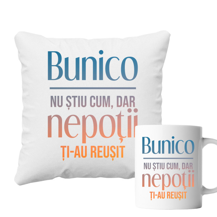 Set pentru bunica - Bunico, nu știu cum, dar nepoții ți-au reușit - pernă + cană 