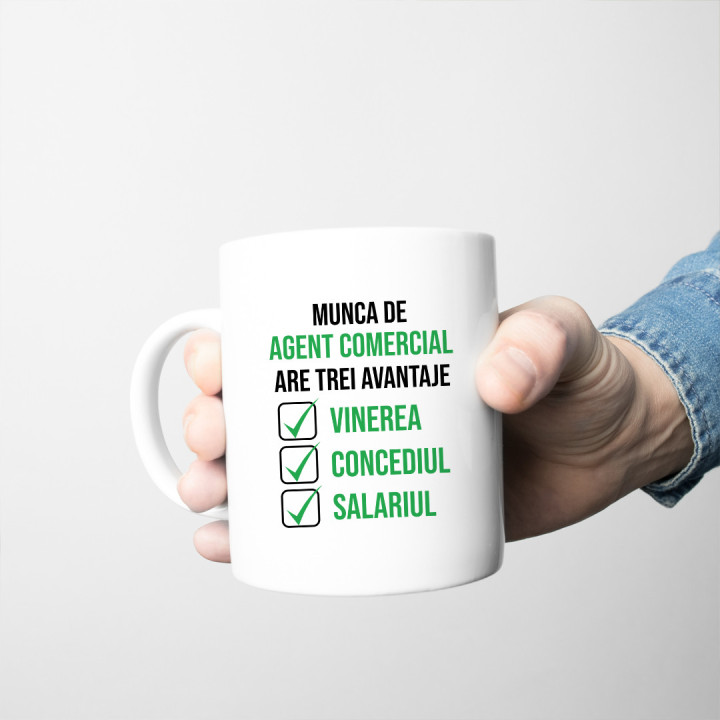 Munca de agent comercial are trei avantaje vinerea, concediul și salariul - cană