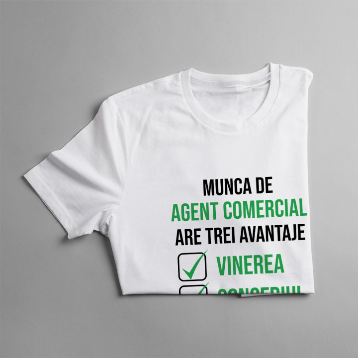 Munca de agent comercial are trei avantaje vinerea, concediul și salariul - T-shirt pentru femei cu imprimeu