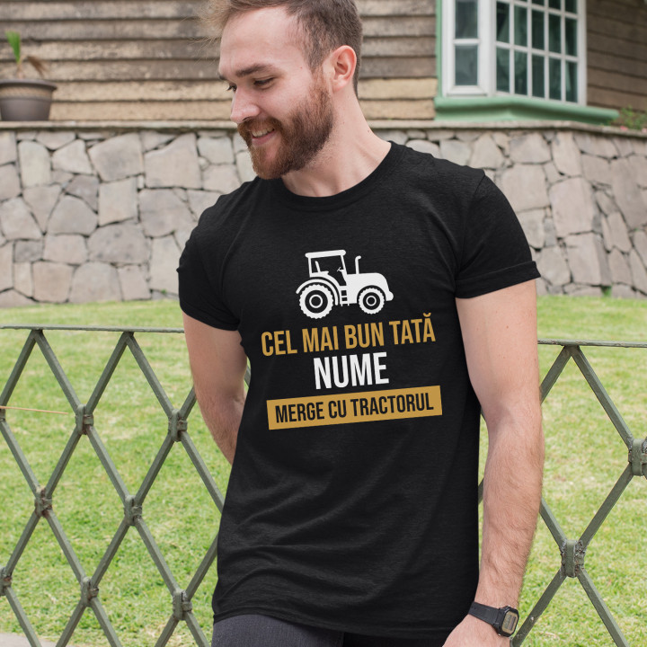 Cel mai bun tată (nume) merge cu tractorul - tricou pentru bărbați cu imprimeu - produs personalizat