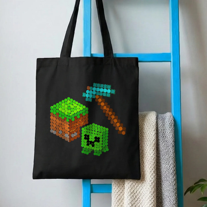 Lume din blocuri din puncte - ziua punctului - sacoșă de bumbac - inspirat de Minecraft