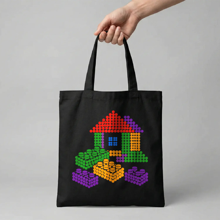 Căsuță din piese de construcție din puncte - ziua punctului - sacoșă de bumbac - inspirat de piesele LEGO