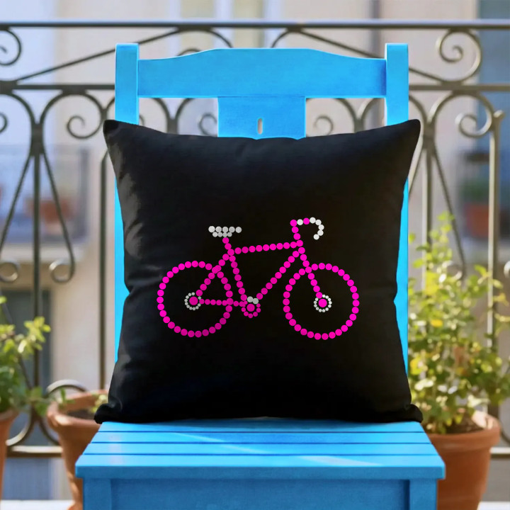 Bicicletă roz din puncte - ziua punctului - pernă neagră pentru cadou