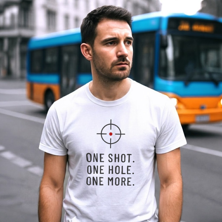 One shot. One hole. One more. - tricou bărbătesc pentru pasionații de tir