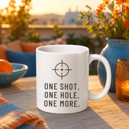One shot. One hole. One more. - cană pentru pasionații de tir