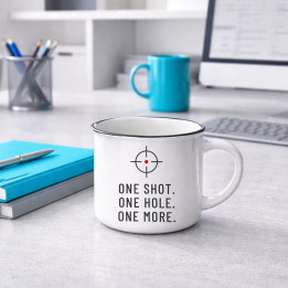 One shot. One hole. One more. - cană emailată pentru pasionații de tir