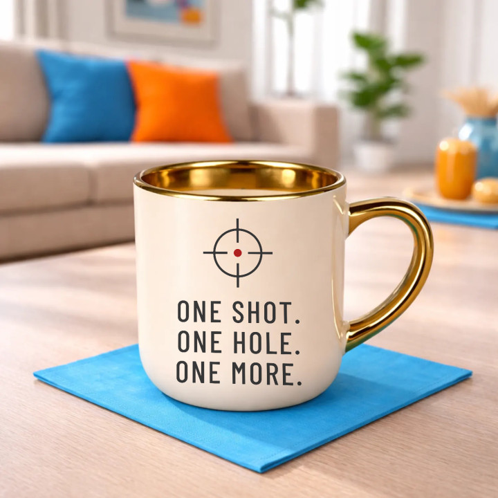 One shot. One hole. One more. - cană elegantă pentru pasionații de tir