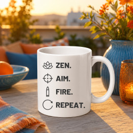 Zen. Aim. Fire. Repeat. - cană pentru pasionații de tir