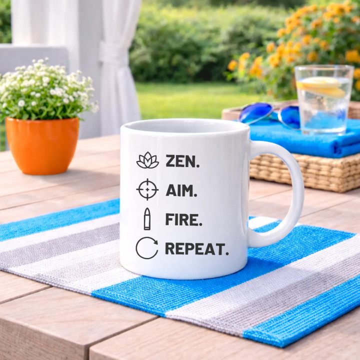 Zen. Aim. Fire. Repeat. - cană pentru pasionații de tir