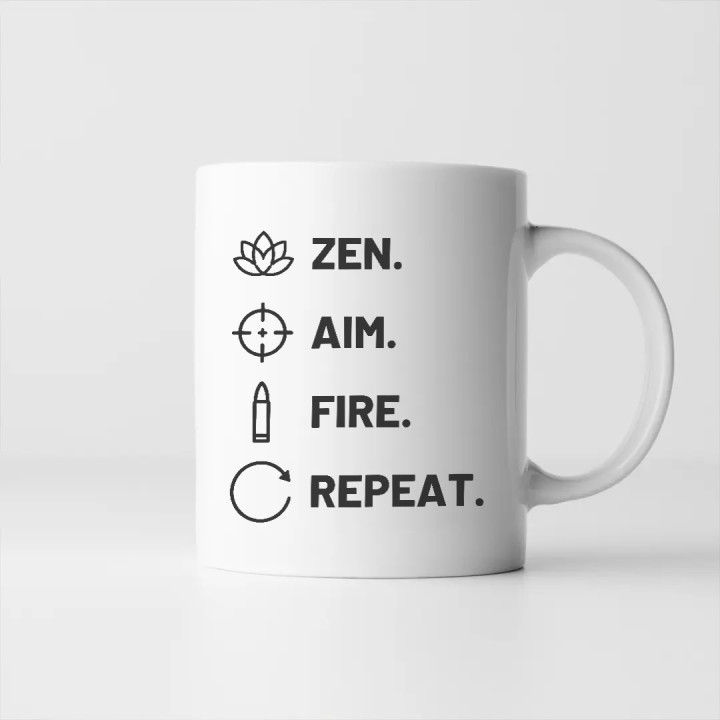 Zen. Aim. Fire. Repeat. - cană pentru pasionații de tir