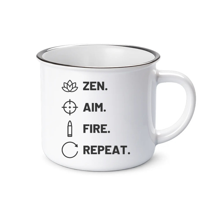 Zen. Aim. Fire. Repeat. - cană emailată pentru pasionații de tir