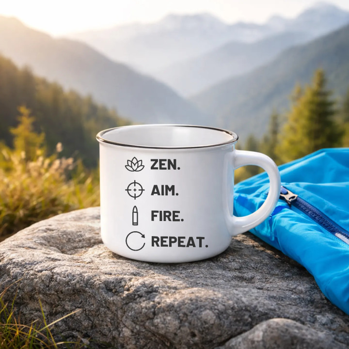 Zen. Aim. Fire. Repeat. - cană emailată pentru pasionații de tir