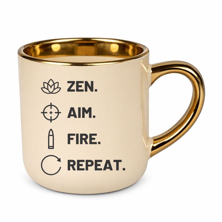 Zen. Aim. Fire. Repeat. - cană elegantă pentru pasionații de tir
