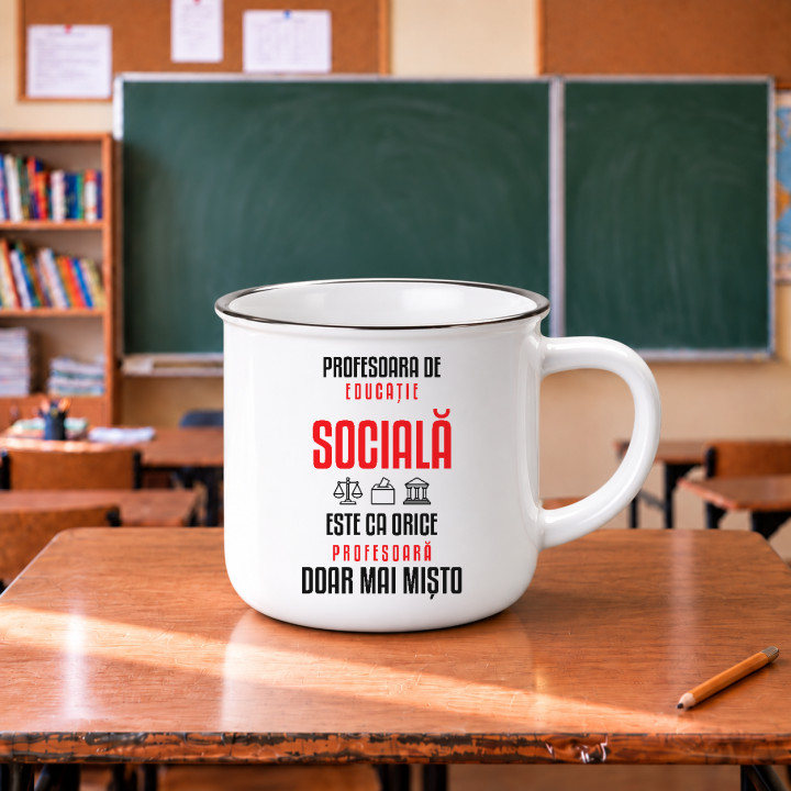 Profesoara de educație socială este ca orice profesoară, doar mai mișto - cană emailată pentru profesoară