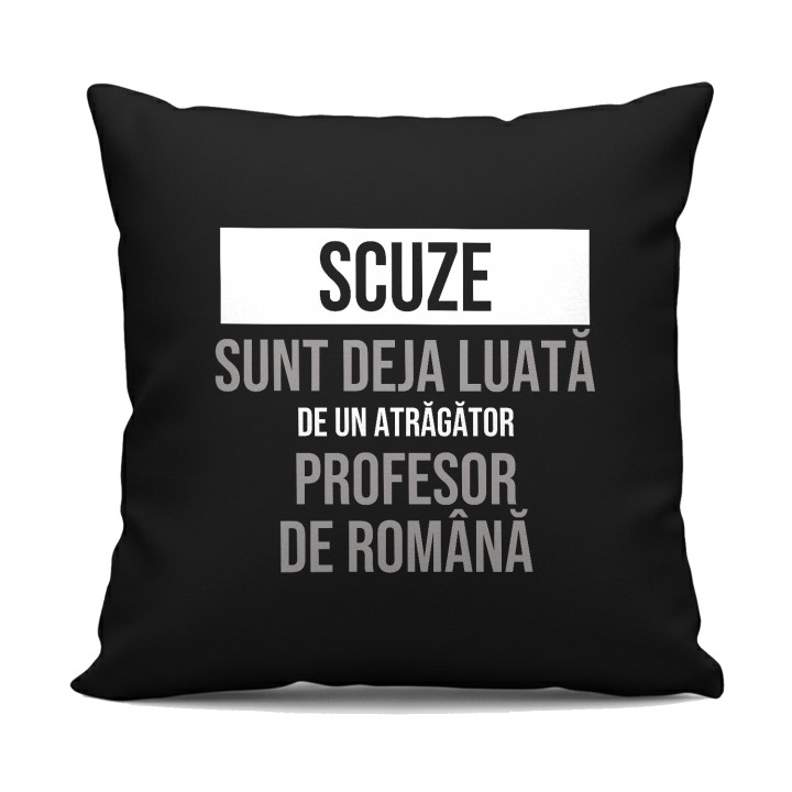 Scuze, sunt deja luată de un atrăgător profesor de română - pernă neagră cadou