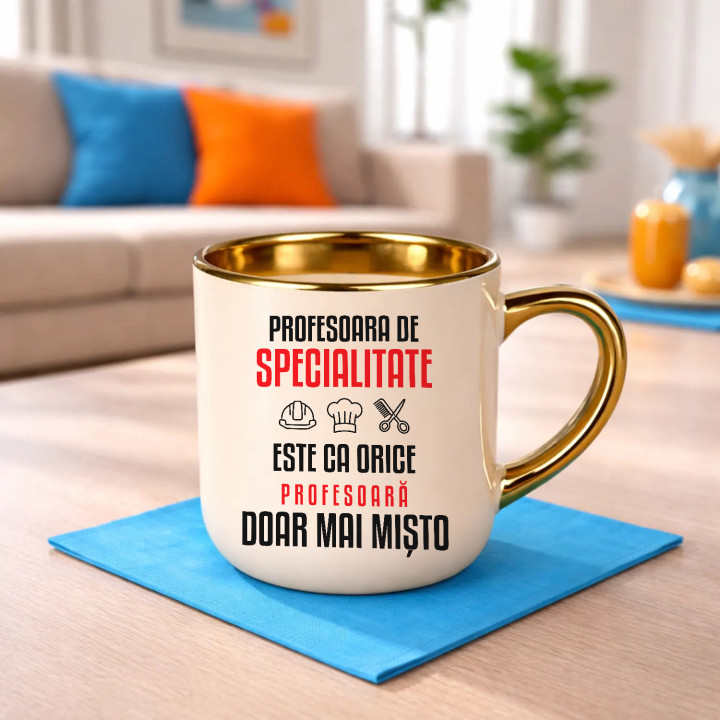 Profesoara de specialitate este ca orice profesoară, doar mai mișto - cană elegantă pentru profesoară