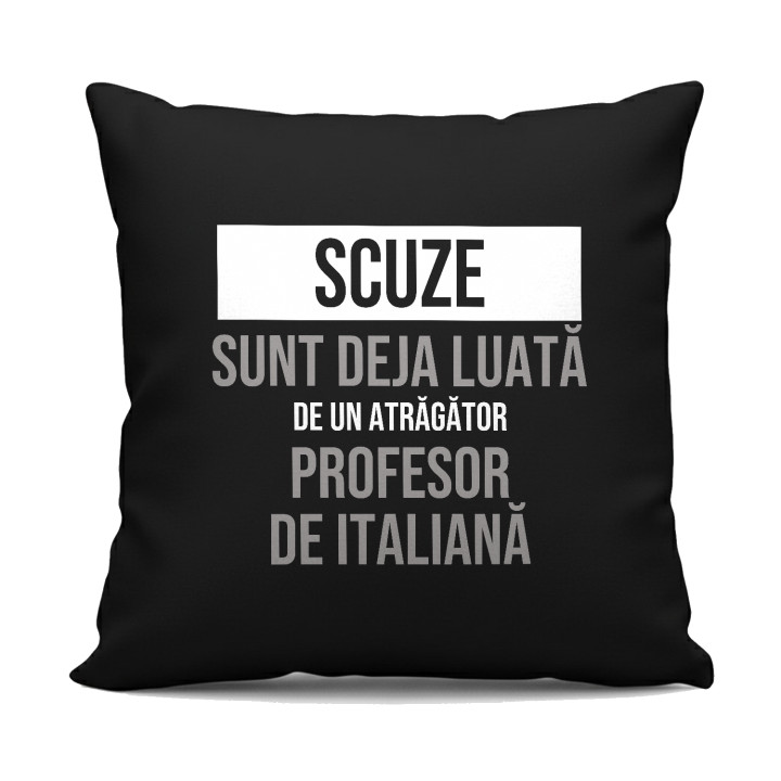 Scuze, sunt deja luată de un atrăgător profesor de italiană - pernă neagră cadou