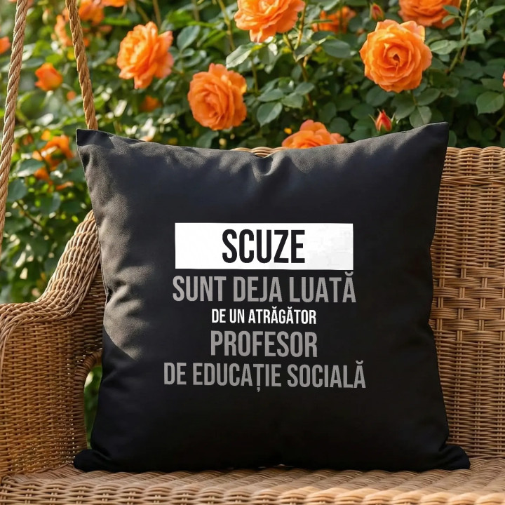 Scuze, sunt deja luată de un atrăgător profesor de educație socială - pernă neagră cadou