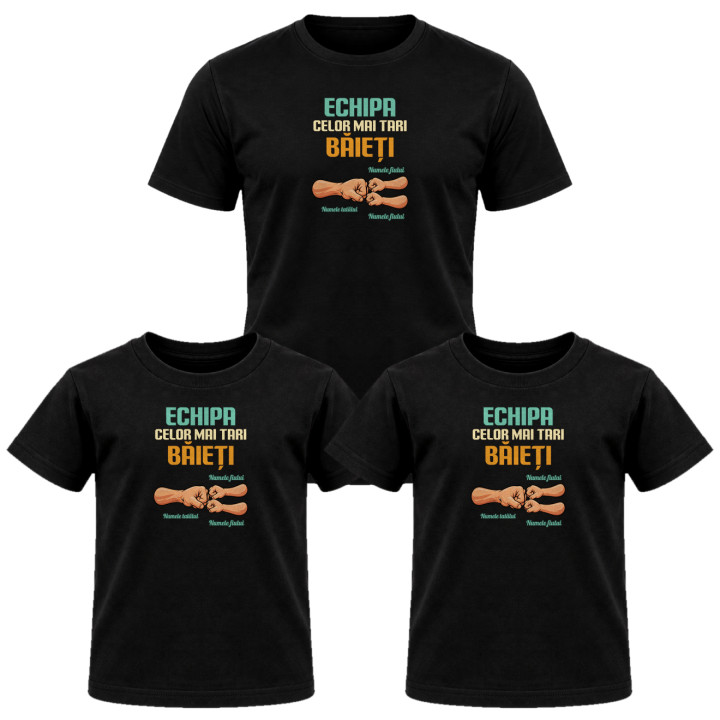 Set pentru tată și doi fii - Echipa celor mai tari băieți cu nume - 3 tricouri personalizate