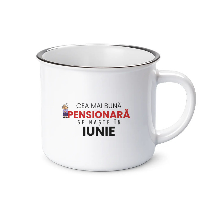 Cea mai bună pensionară se naște în iunie - cană emailată cadou